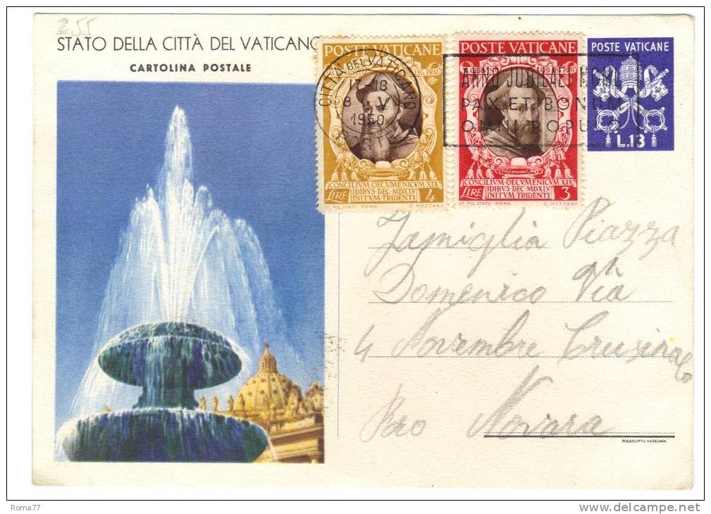 TZ255 - VATICANO Intero "fontana" Del 8/5/1950 - Postal Stationeries