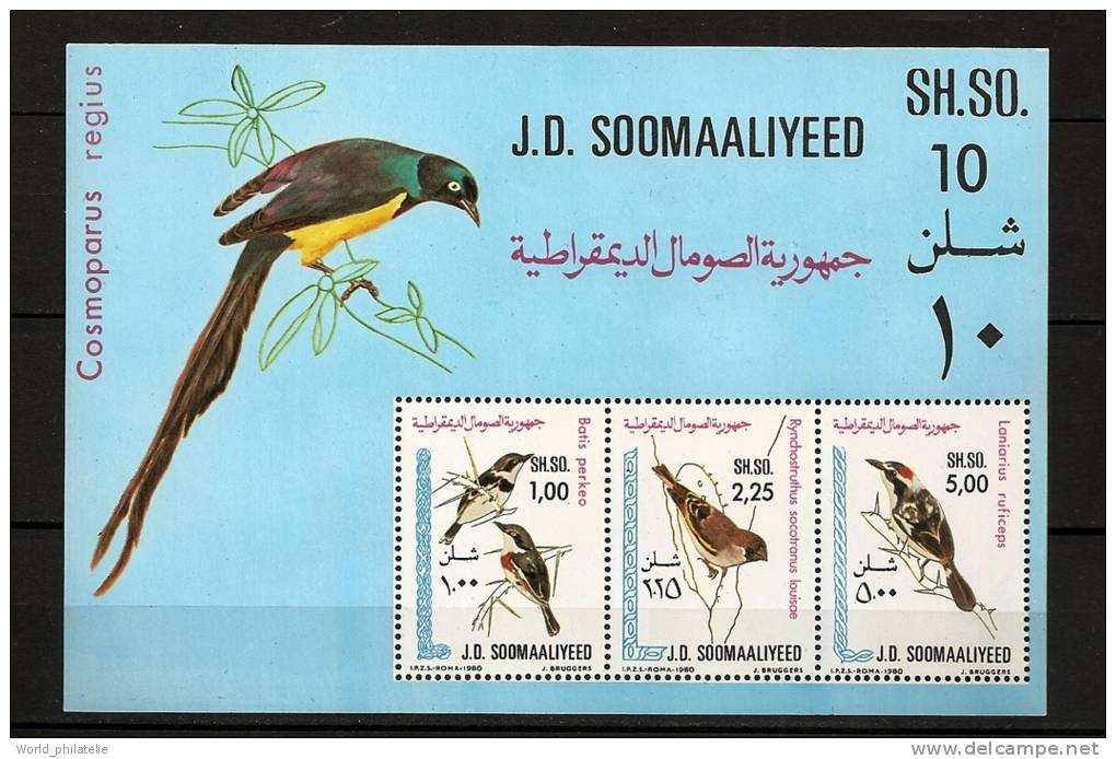 Somalie Soomaaliya 1980 N° BF 9 ** Oiseaux, Cosmoparus Regius, Batis Perkeo, Laniarius Ruficeps, Rynchosstruthus - Somalia (1960-...)