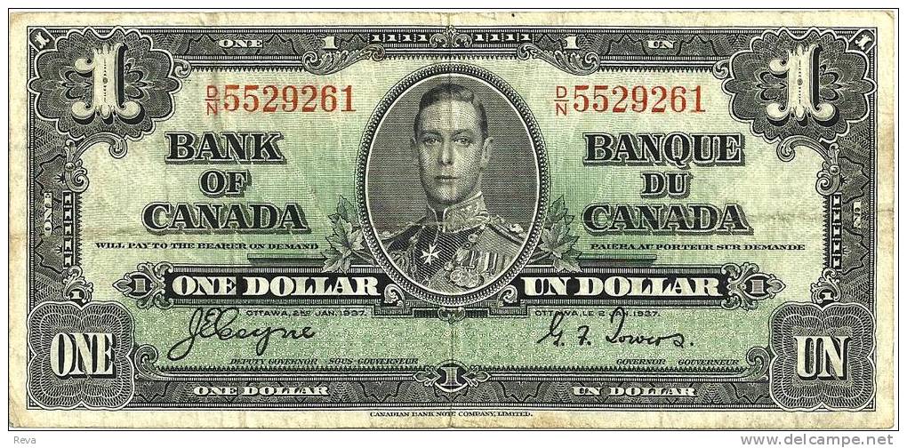 CANADA $1 DOLLAR KGVI HEAD FRONT WOMAN BACK DATED 2-1-1937 P58e SIGN. COYNE-TOWERS VF READ DESCRIPTION - Kanada