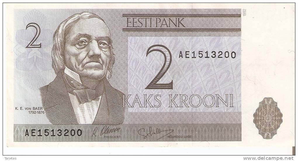 BILLETE DE ESTONIA DE 2 KROONI SERIE AE DEL  AÑO 1992 (BANKNOTE) - Estonia