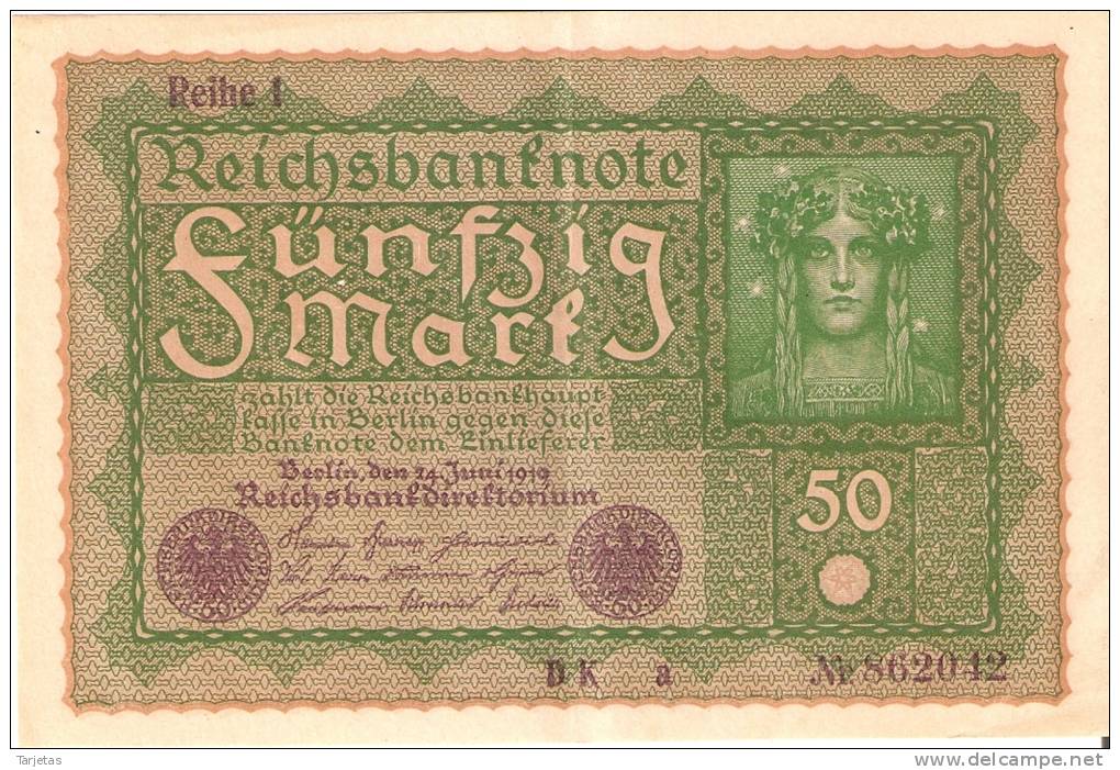 BILLETE DE ALEMANIA DE 50 MARKS  DEL AÑO 1919 CALIDAD EBC+  (BANK NOTE) - 50 Mark