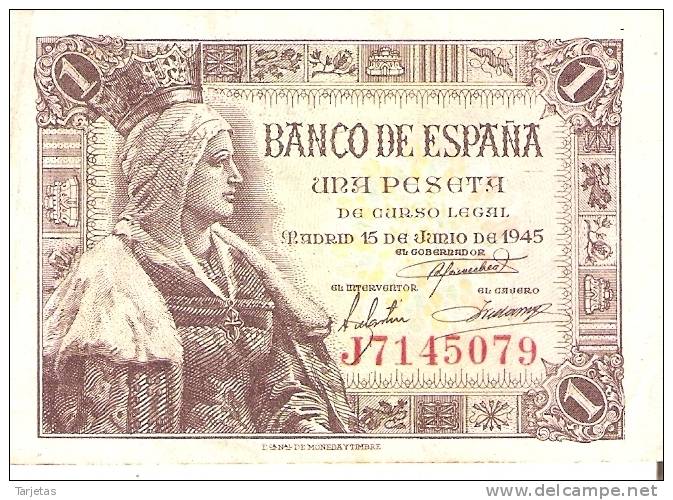 BILLETE DE ESPAÑA DE 1 PTA DEL 15/06/1945 ISABEL LA CATÓLICA SERIE J  CALIDAD MBC (BANK NOTE) - 1-2 Peseten