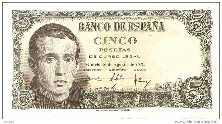 BILLETE DE ESPAÑA DE 5 PTAS DEL 16/08/1951 SERIE U EN CALIDAD EBC (BANKNOTE) - 5 Pesetas