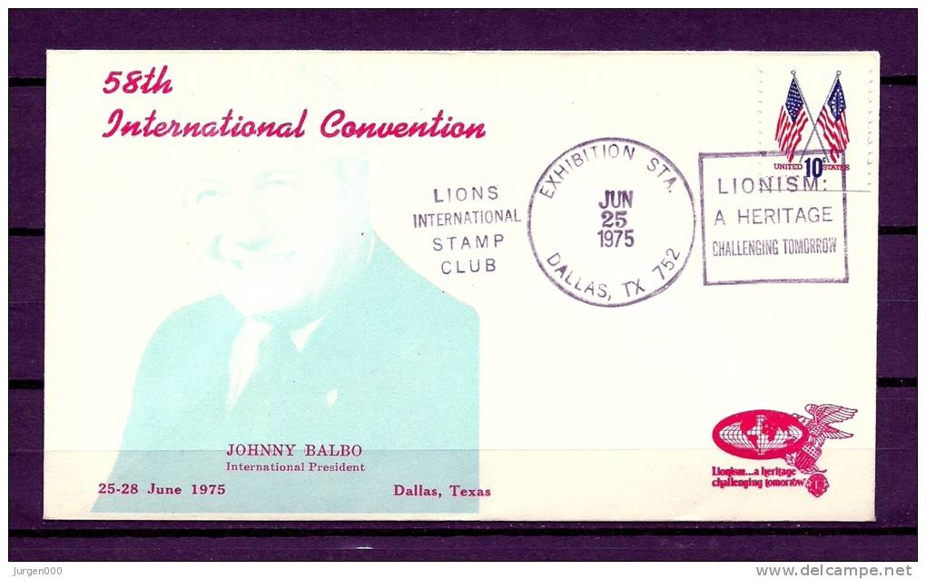 Lions Club, USA, 25/06/1975, 58th Lions International Stamp Club Johnny Balbo , DALLAS (GA2837) - Rotary, Lions Club