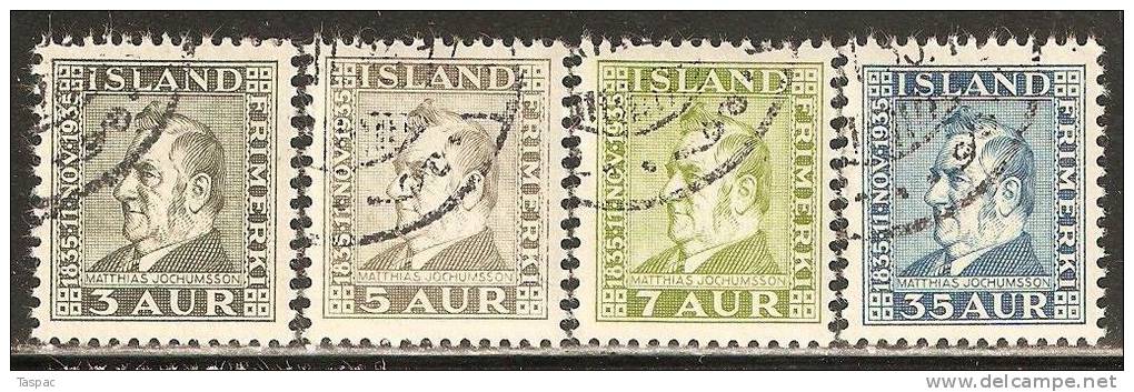 Iceland 1935 Mi# 183-186 Used - Birth Cent. Of Matthias Jochumsson, Poet - Used Stamps