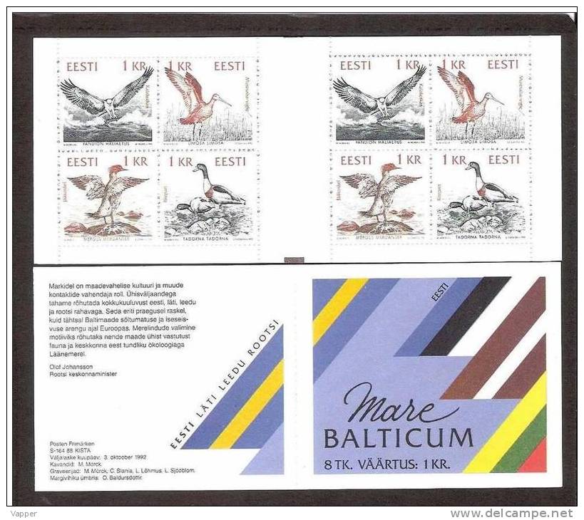 Estonia 1992 8 Stamps Booklet (2 Sets) Birds Of The Baltic - Marine Web-footed Birds