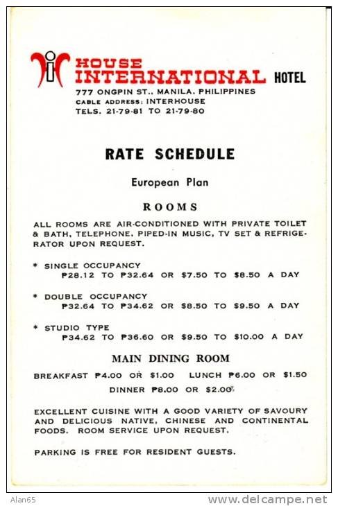 House International Hotel, Manila Philippines Advertisement, Hotel Graphic, Rates On Back - Pubblicitari