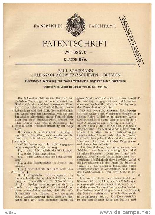 Original Patentschrift - P. Schiemann In Kleinzschachwitz - Zschieven B. Dresden , 1904 , Elektrisches Werkzeug !!! - Antike Werkzeuge