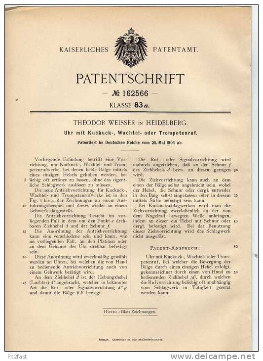 Original Patentschrift - Th. Weisser In Heidelberg , 1904 , Uhr Mit Kuckuck -, Wachtel - Oder Trompetenruf , Kuckucksuhr - Sonstige & Ohne Zuordnung