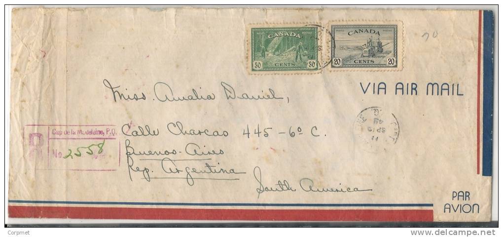 CANADA - 1949 REGISTERED COVER From CAP De La MADELEINE, PQ To ARGENTINA - Yvert # 222-223 - Lettres & Documents