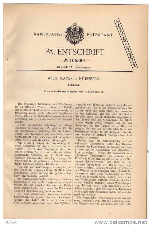 Original Patentschrift - W. Mayer In Nürnberg , 1898 , Kühlraum , Eisraum , Kühlschrank , Kühlhaus !!! - Arquitectura