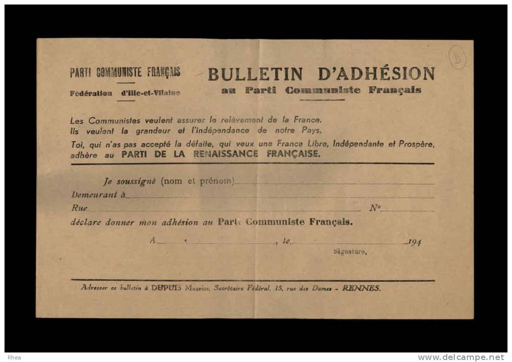 POLITIQUE - Bulletin D'adhésion Au Parti Communiste Français - Fédération D'Ille-et-Vilaine - Années 40 - Non Classés