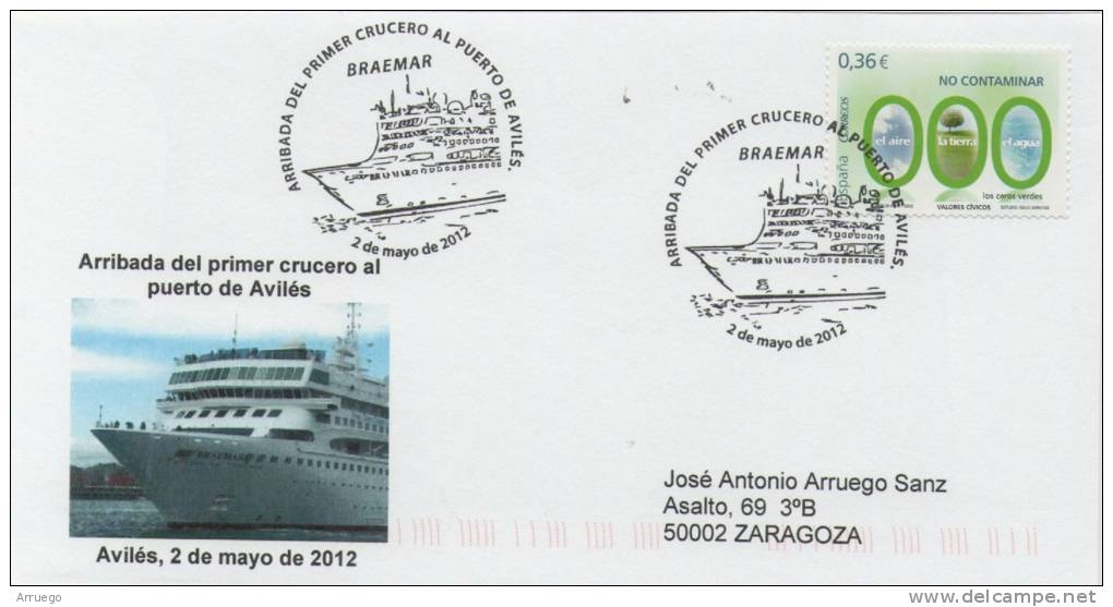 SPAIN. POSTMARK FIRST ARRIVAL CRUISE TO PORT OF AVILES. 2012 - Cartas & Documentos