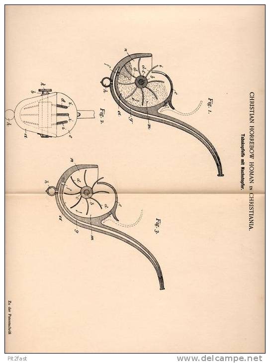 Original Patentschrift - Tabakspfeife , Pfeife Mit Nachstopfer , 1900 , C. Homan In Christiania !!! - Porcelain Pipes
