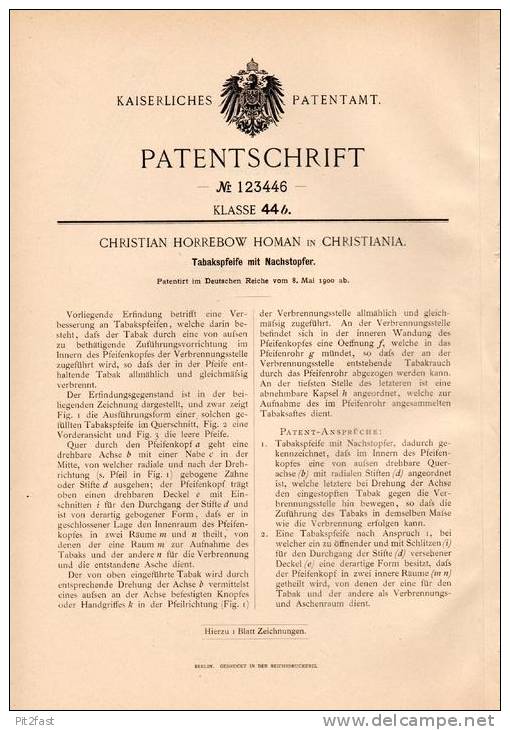 Original Patentschrift - Tabakspfeife , Pfeife Mit Nachstopfer , 1900 , C. Homan In Christiania !!! - Porzellanpfeifen