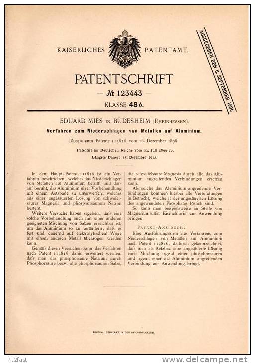Original Patentschrift - E. Mies In Büdesheim , Rheinhessen , 1899 , Niederschlagen Von Metall Auf Aluminium , Prüm !!! - Pruem