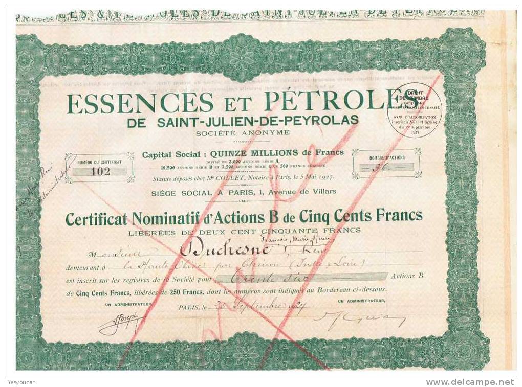 LOT DE 5 X :  ESSENCES & PETROLES DE SAINT JULIEN DE PEYROLAS  CERTIFICAT NOMINATIF - Pétrole