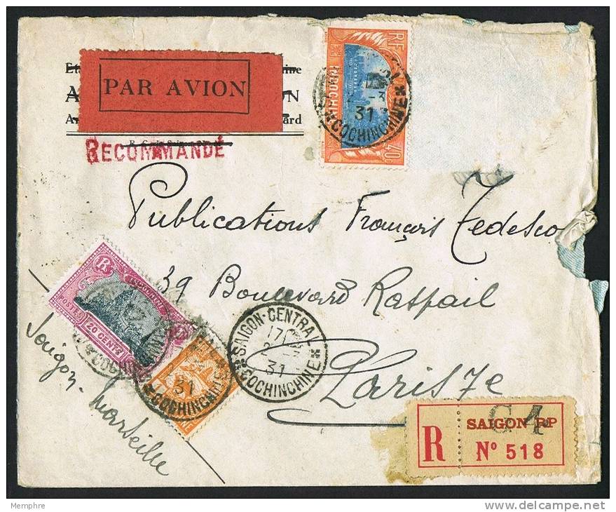 1931  Lettre Avion Recommandée De Saigon Pour Paris  Yv 127, 140, 143 - Covers & Documents