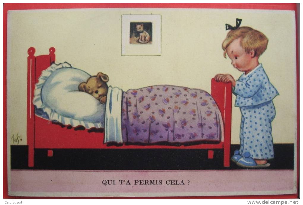 Cp LITHO Illustrateur W.S. Willi Scheuermann Chien Couché Dans Lit  Enfant Qui T' A Permis Cela - Scheuermann, Willi