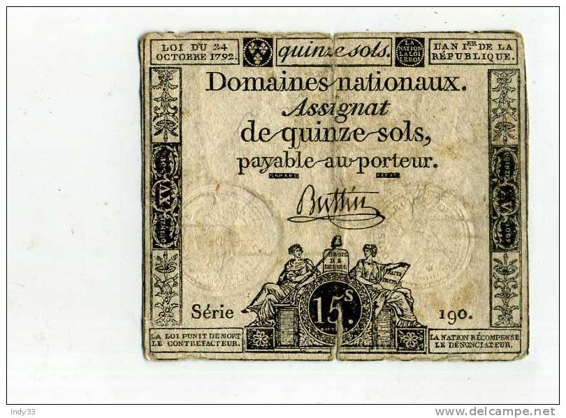 - FRANCE .ASSIGNAT DE 15 S. . 1792 . - Assignate