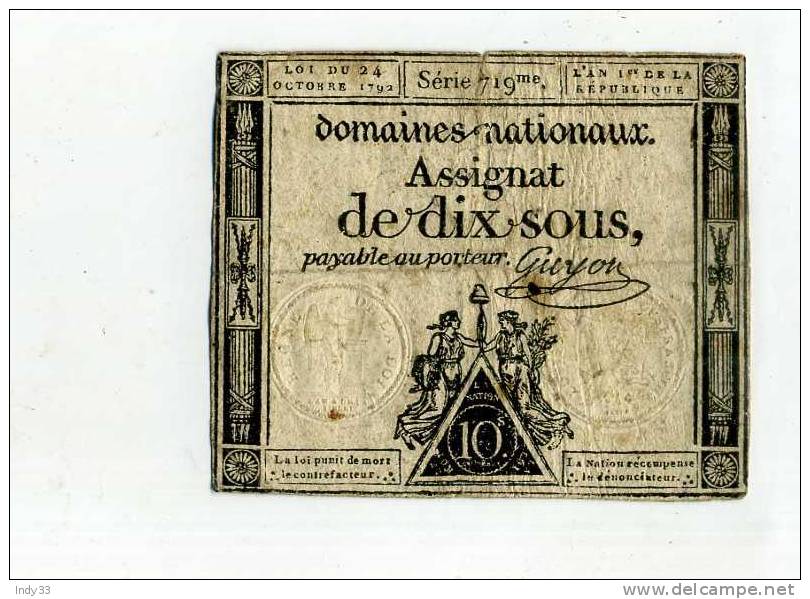 - FRANCE .ASSIGNAT DE 10 SOUS  . 1792 . - Assignats