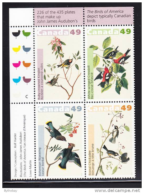 Canada MNH Scott #2039a Upper Left Plate Block 49c Birds Of Audubon - Num. Planches & Inscriptions Marge