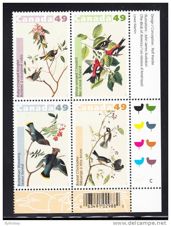 Canada MNH Scott #2039a Lower Right Plate Block 49c Birds Of Audubon - With UPC Barcode - Num. Planches & Inscriptions Marge