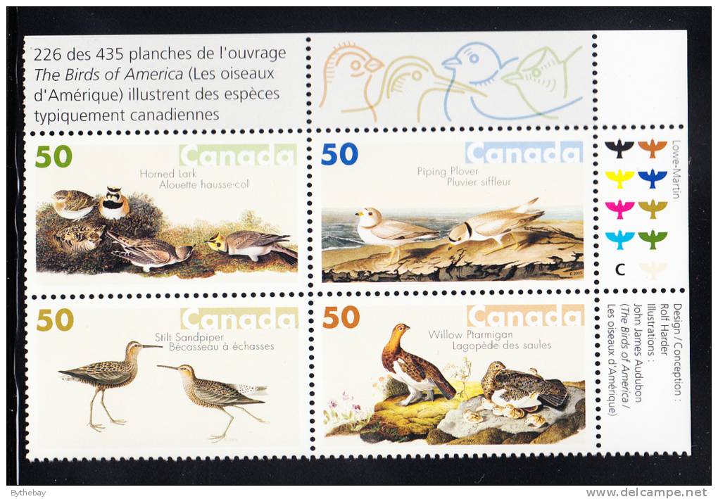 Canada MNH Scott #2098a Upper Right Plate Block 50c Birds Of Audubon - Num. Planches & Inscriptions Marge