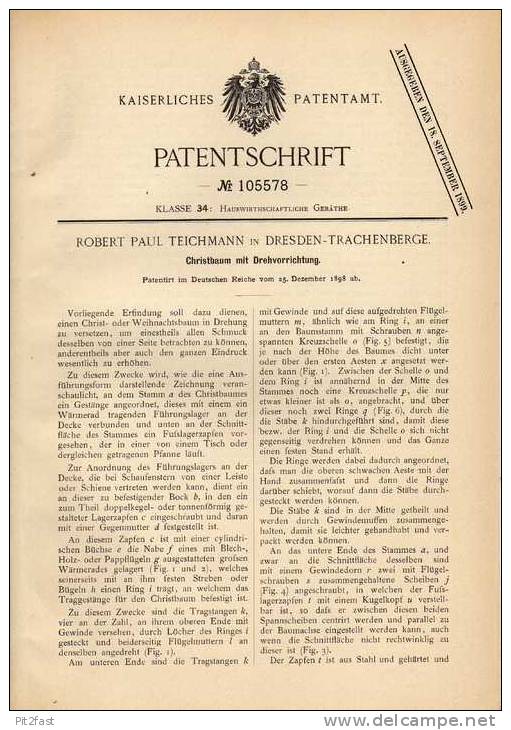 Original Patentschrift - R. Teichmann In Dresden - Trachenberge , 1898 , Drehbarer Christbaum , Weihnachtsbaum !!! - Kerstkribben