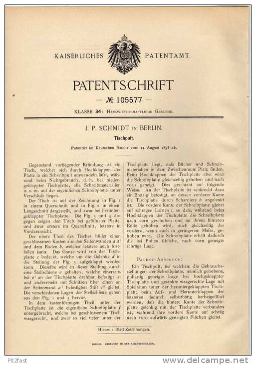 Original Patentschrift - J.F. Schmidt In Berlin , 1898 , Tischpult , Tisch , Pult , Sekretär !!! - Sonstige & Ohne Zuordnung