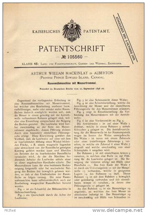 Original Patentschrift - A. Mackinlay In Alberton , Canada , 1898 , Rasenmäher , Mähmaschine Für Rasen !!! - Machines