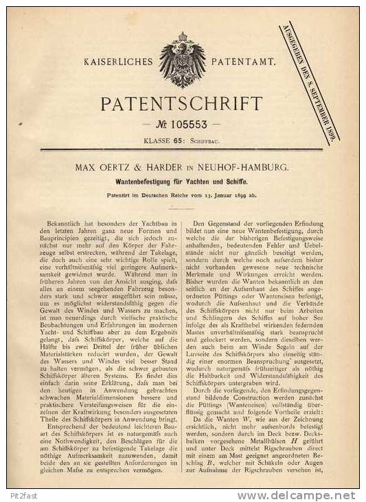 Original Patentschrift - M. Oertz & Harder In Neuhof - Hamburg , 1899 , Wantenbefestigung Für Schiffe Und Yacht !!! - Altri & Non Classificati