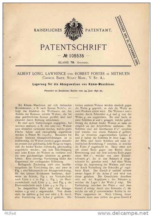 Original Patentschrift - R. Forster In Methuen , 1898 , Kämm - Maschine , Spinnerei !!! - Tools