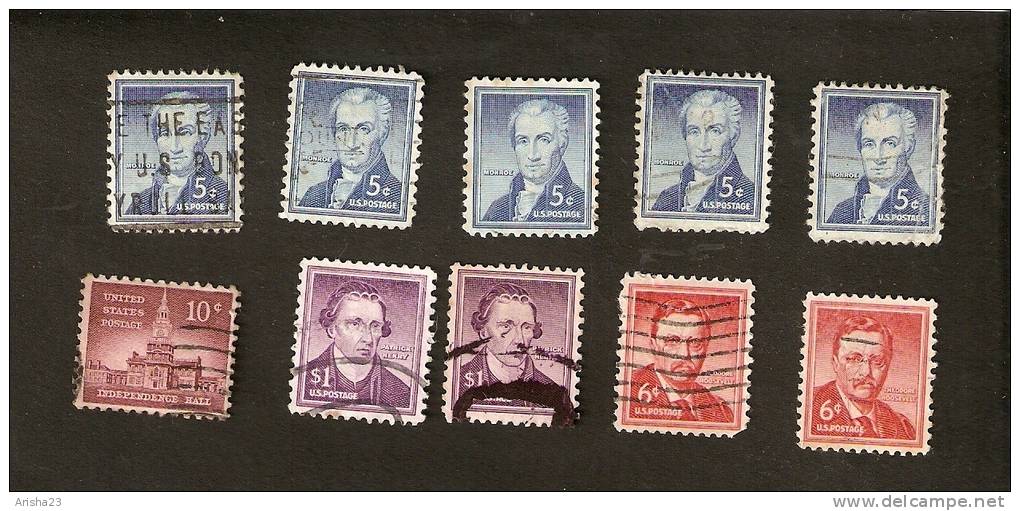 Z10-3. US, 1954 Set Of 10 - Monroe - Patrick Henry - Theodore Roosevelt - Independence Hall - Collections