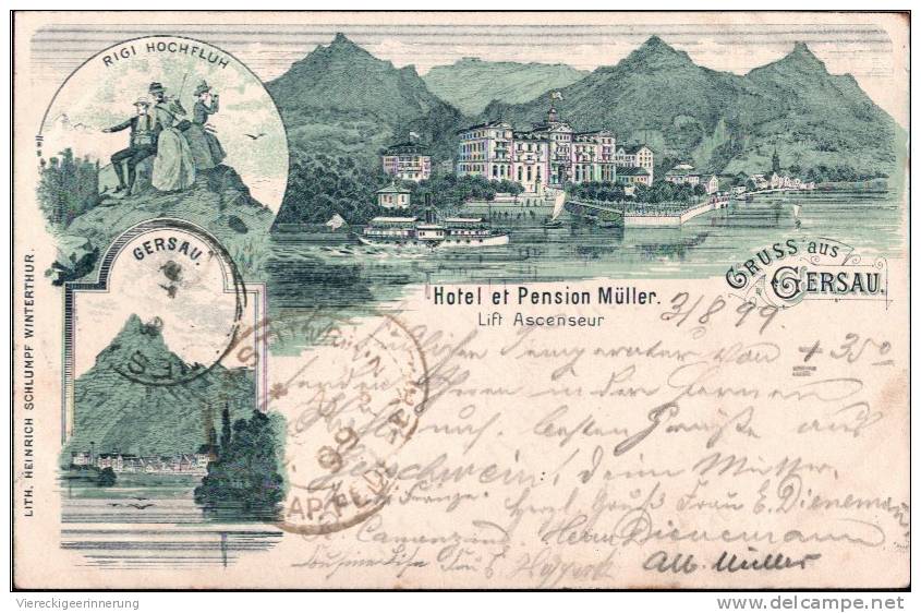 ! Dekorative Alte Lithokarte Gruss Aus Gersau, Hotel Müller, Rigi Hochfluh, Verlag Heinrich Schlumpf Winterthur, Schweiz - Autres & Non Classés