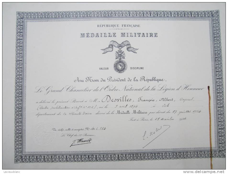 Diplôme/ Médaille Militaire/Grand Chancelier De L´ONLH/DESVILLES/Isle/Hau Te Vienne/1934      DIP3 - Diplômes & Bulletins Scolaires