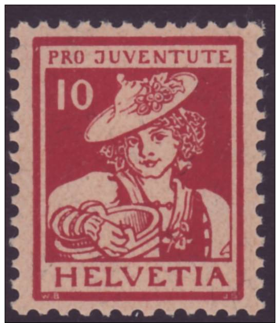 SWITZERLAND, PRO JUVENTUTE, 10c RED, SGJ5, UNMOUNTED MINT, 1916 - Unused Stamps