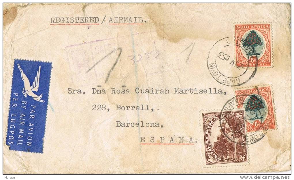 0628. Carta Aerea Certificada CAPETOWN (South Africa)  1953. Carteria Barcelona - Cartas