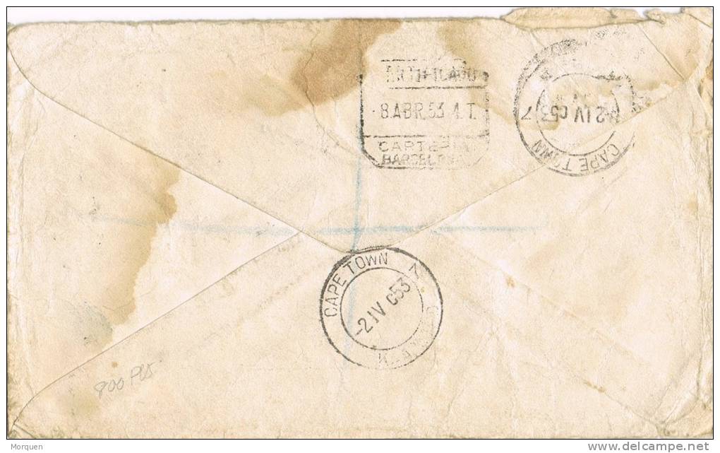 0628. Carta Aerea Certificada CAPETOWN (South Africa)  1953. Carteria Barcelona - Storia Postale