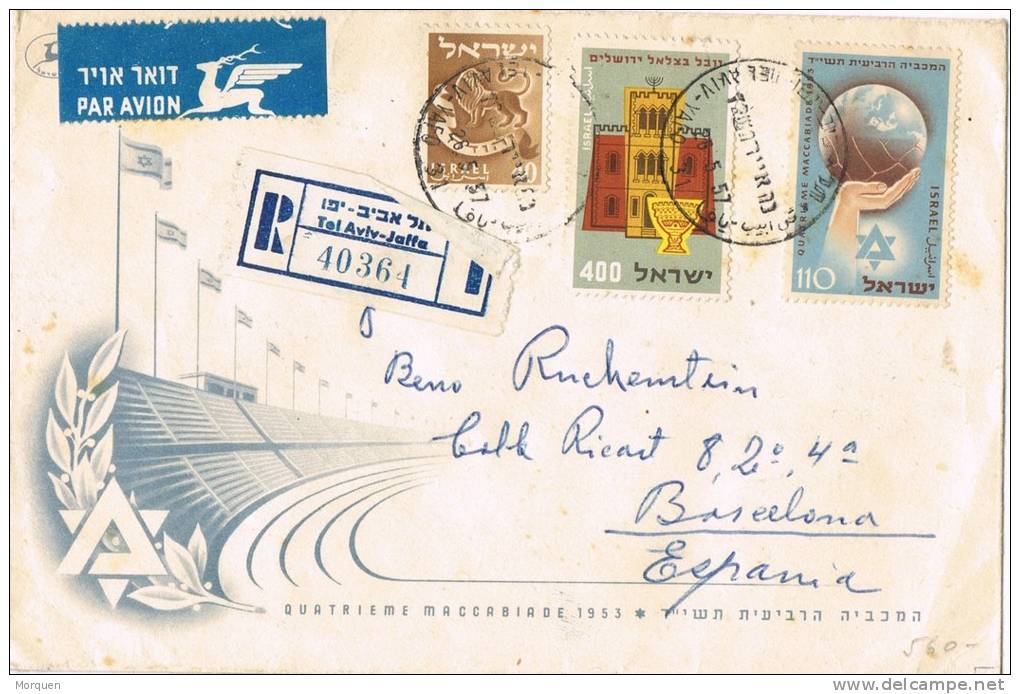 1648. Carta Aerea Certificada TEL AVIV - Jaffa (israel) 1957. Carteria Barcelona - Covers & Documents