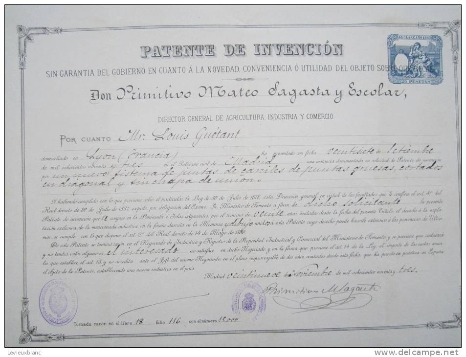 Certificat De Brevet D´Invention/Direction General De Agricultura, Industria Y Comercio/ MADRID/1893    DIP10 - Diplome Und Schulzeugnisse