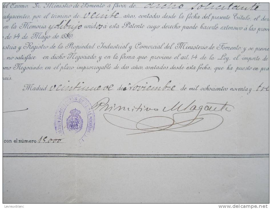 Certificat De Brevet D´Invention/Direction General De Agricultura, Industria Y Comercio/ MADRID/1893    DIP10 - Diploma & School Reports