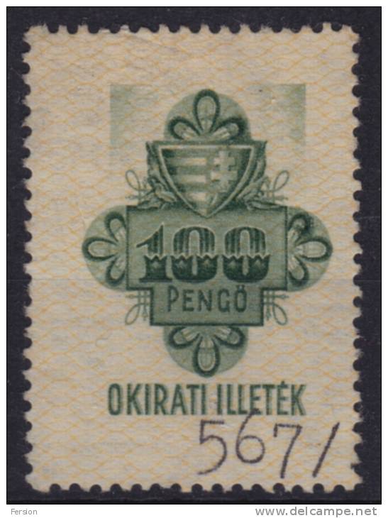 1945 Hungary - Revenue, Tax Stamp - 100 P - Canceled - Fiscaux