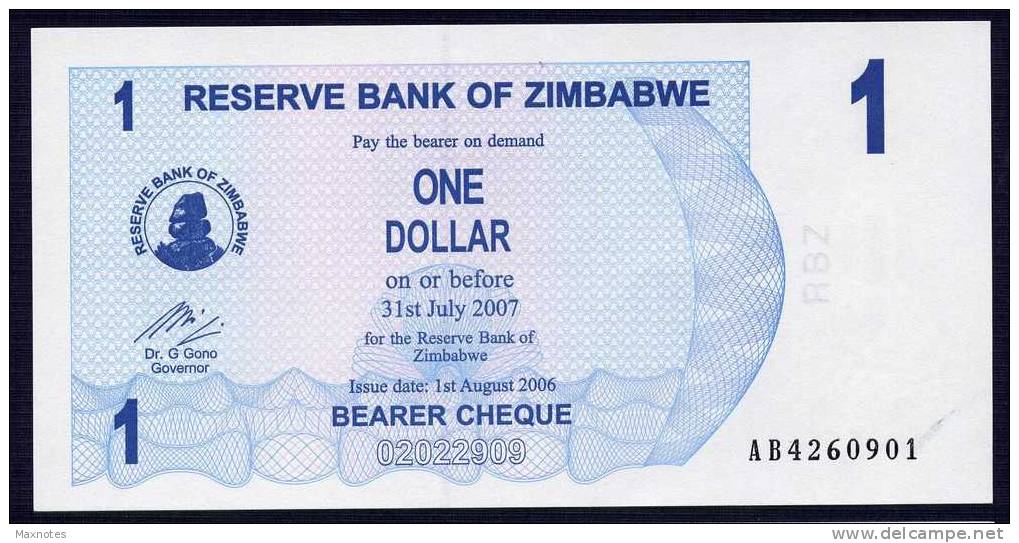 ZIMBABWE :  1 Dollar - Bearer Cheque - 2006 - UNC - Zimbabwe