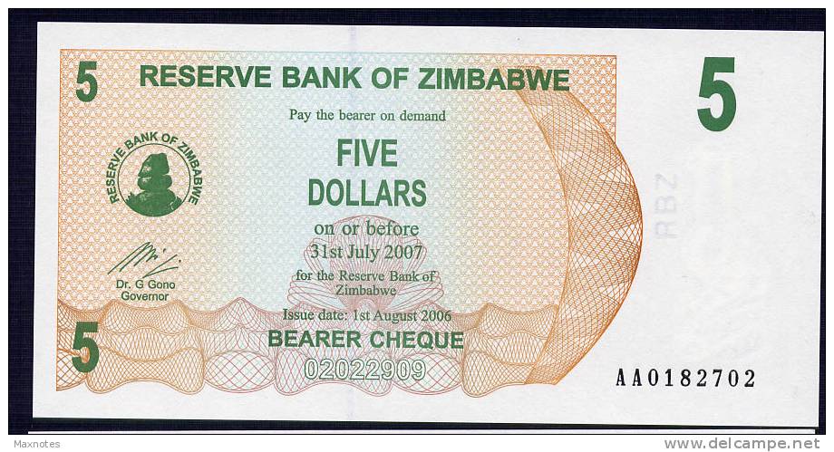ZIMBABWE :  5 Dollars - Bearer Cheque - 2006 - UNC - Zimbabwe