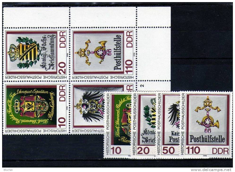 Historische Posthausschilder 1990 DDR 3306/9,4-Block,ER-VB,16ZD+DV ** 84€ Fürstliche Thurn- Und Taxis Lehnpost Se-tenant - Se-Tenant