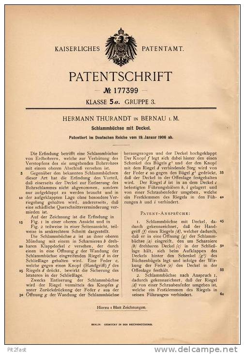 Original Patentschrift - H. Thurandt In Bernau I.M.,  , Schlammbüchse Mit Deckel , Erdbohrer !!! - Historische Dokumente