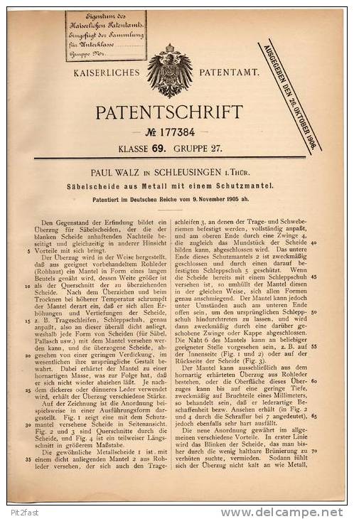 Original Patentschrift - P. Walz In Schleusingen I. Thüringen , 1905 , Scheide Für Säbel , Degen !!! - Blankwaffen