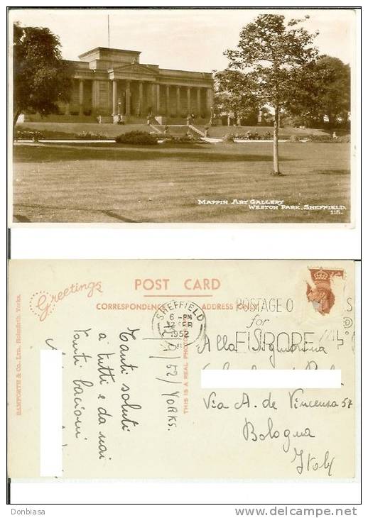 Sheffield: Mappin Art Gallery - Weston Park. Postcard Circulated 1952 Destination Italy (Bologna) - Sheffield
