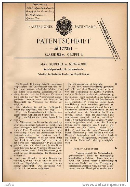Original Patentschrift - Aussteigeschacht Für Unterseeboot , U-Boot , 1905 , M. Kudella In New York !!! - Schiffe